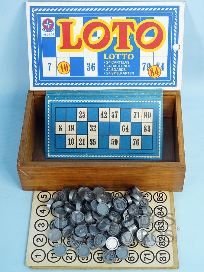 Brinquedo antigo Jogo Loto Lotto Bingo Tombola com 24 Cartelas Pedras de plástico Caixa de madeira Década de 1970