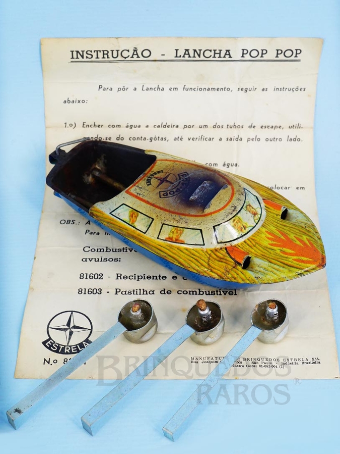 Brinquedo antigo Lancha Pop Pop original Acompanha uma Réplica do Manual de Instrução e 3 recipientes com combustível originais Ano 1968 a 1970