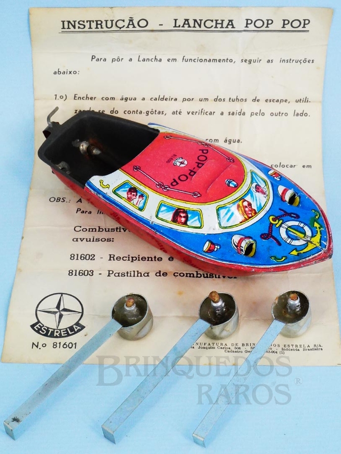 Brinquedo antigo Lancha Pop Pop original Acompanha uma Réplica do Manual de Instrução e 3 recipientes com combustível originais Ano 1972