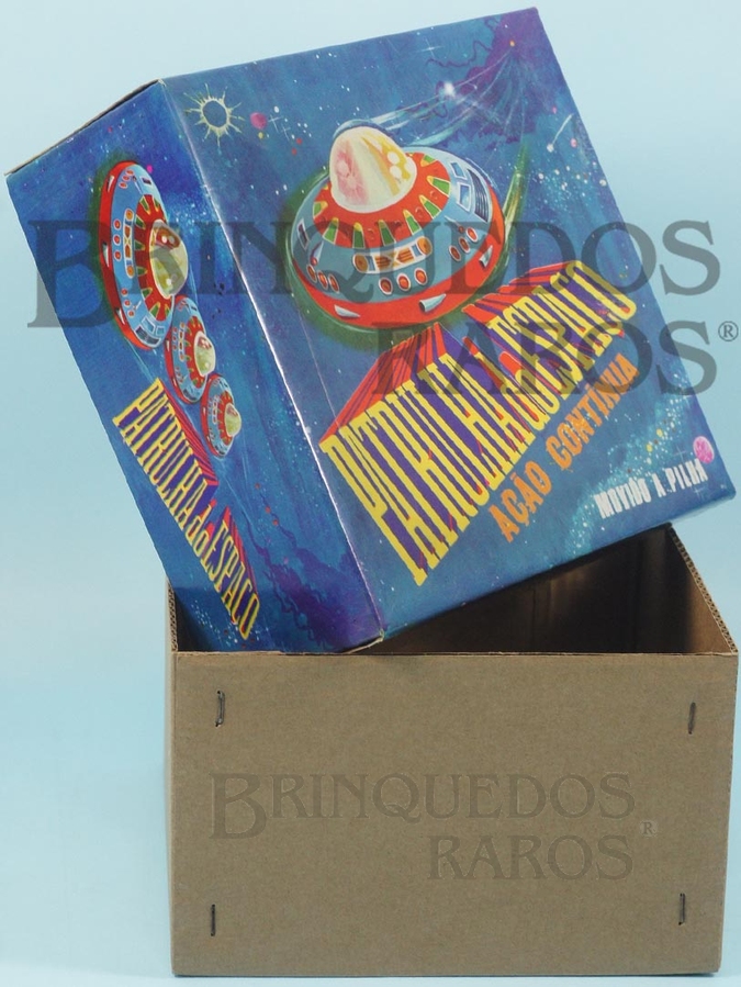 Brinquedo antigo Metalma Caixa Disco Voador Patrulha do Espaço 