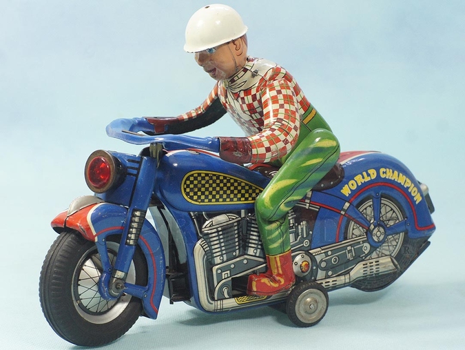 Brinquedo antigo Motocicleta Atom Motorcycle World Champion com 30,00 cm de comprimento O Motociclista monta e desmonta da moto Década de 1960