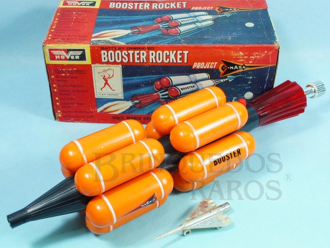 Brinquedo antigo Nave Espacial Booster Rocket Project Nasa produzida pela Fabrica Hover em Hong Kong com 42,00 cm de comprimento na Escala 1:500 Material Plástico rígido Década de 1970
