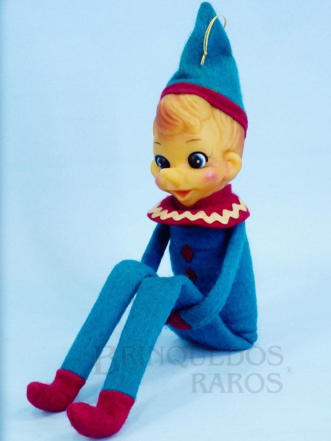 Brinquedo antigo Pinóquio sentado com 23,00 cm de altura Cabeça de Vinil e Roupas de feltro Década de 1970
