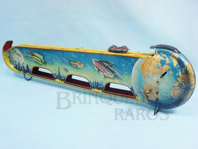 Brinquedo antigo Pista Espacial Terra Luna Viagem da Terra à Lua Voyage To The Moon 49,00 cm de comprimento com uma Nave Espacial Ano 1951
