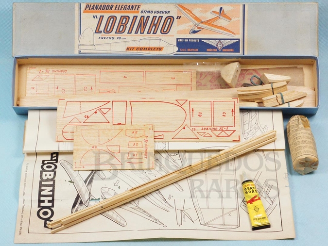 Brinquedo antigo Planador Elegante Lobinho Ótimo Voador de madeira balsa entelada com 78,00 cm de envergadura 100% completo perfeito estado Década de 1960