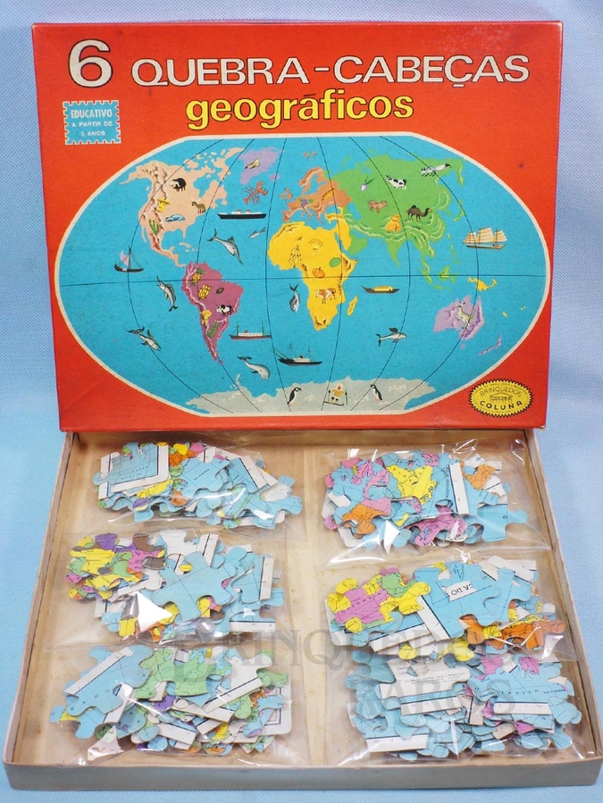 Brinquedo antigo Quebra Cabeça com 6 mapas Geográficos Década de 1970