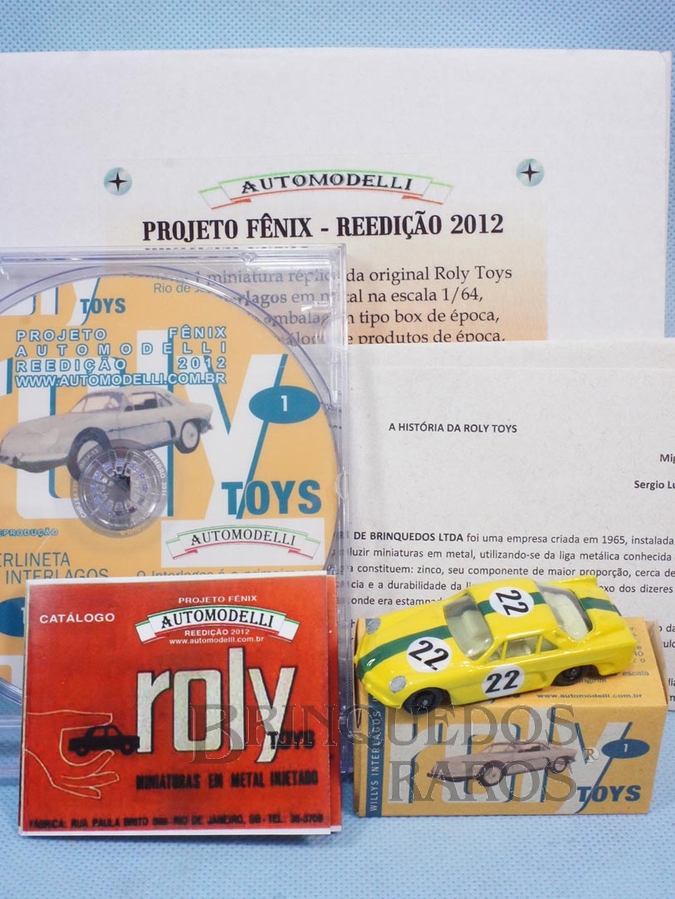 Brinquedo antigo Roly Toys Willys Interlagos Berlineta com 7,00 cm de comprimento Número 22 Equipe Willys pilotado por Bird Clemente Réplica Automodelli Projeto Fênix acompanha Catálogo texto Histórico e CD com entrevistas Ano 2012