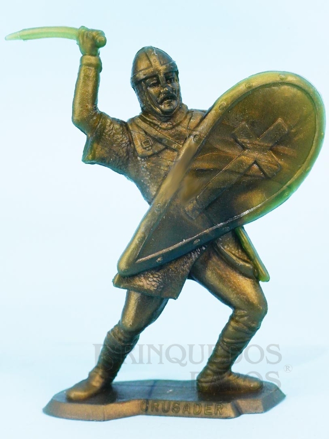 Brinquedo antigo Soldado Cruzado de plástico dourado brinde Sucrilhos Kelloggs Década de 1970