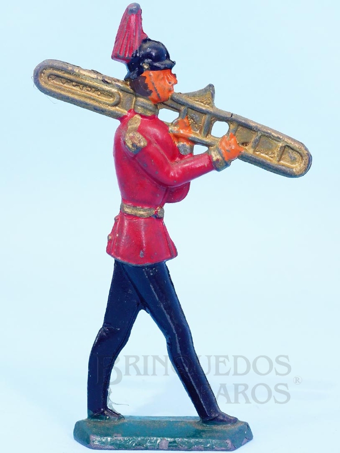 Brinquedo antigo Soldado marchando tocando Trompete 7,5 cm de altura Uniforme vermelho e preto Semi-Flat forma Schneider