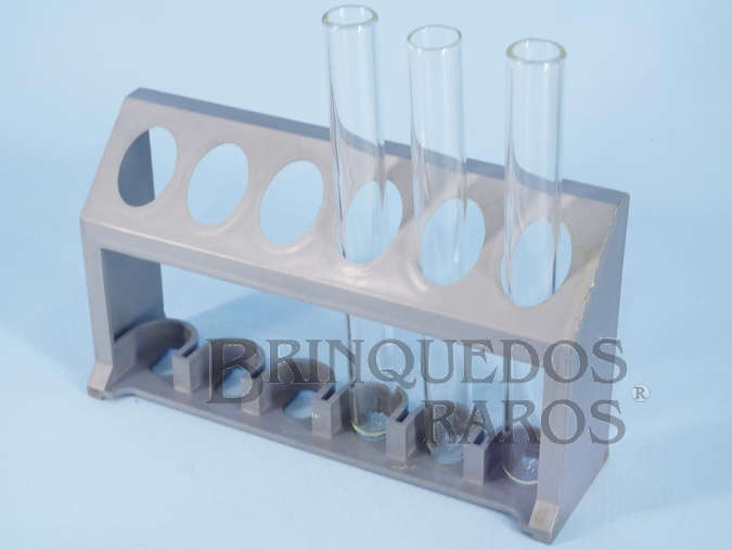Brinquedo antigo Suporte de plástico com 4 Tubos de ensaio de vidro para Conjunto de Química Década de 1970