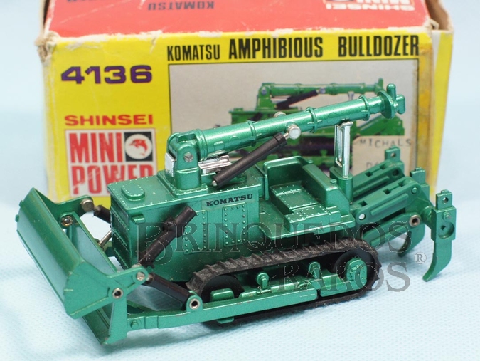 Brinquedo antigo Trator Anfíbio Komatsu Amphibious Bulldozer com 13,00 cm de comprimento Série Mini Power Década de 1980