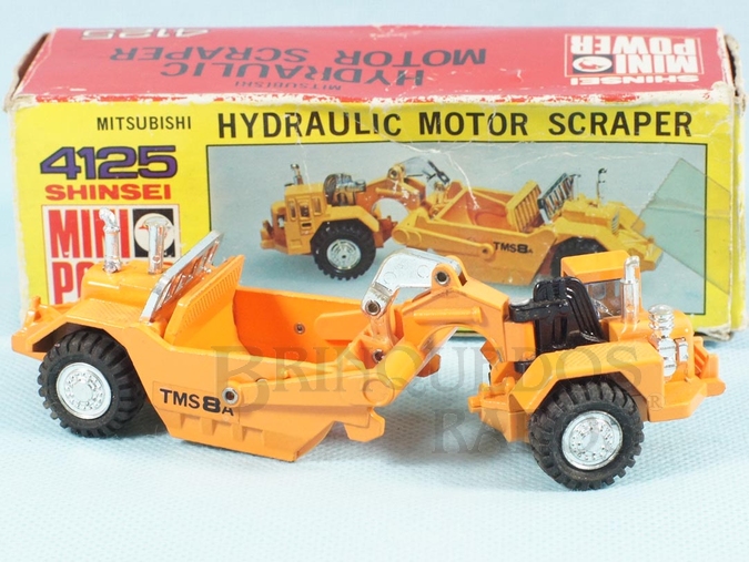 Brinquedo antigo Trator Mitsubishi Hydraulic Motor Scraper com 14,00 cm de comprimento Série Mini Power Década de 1980